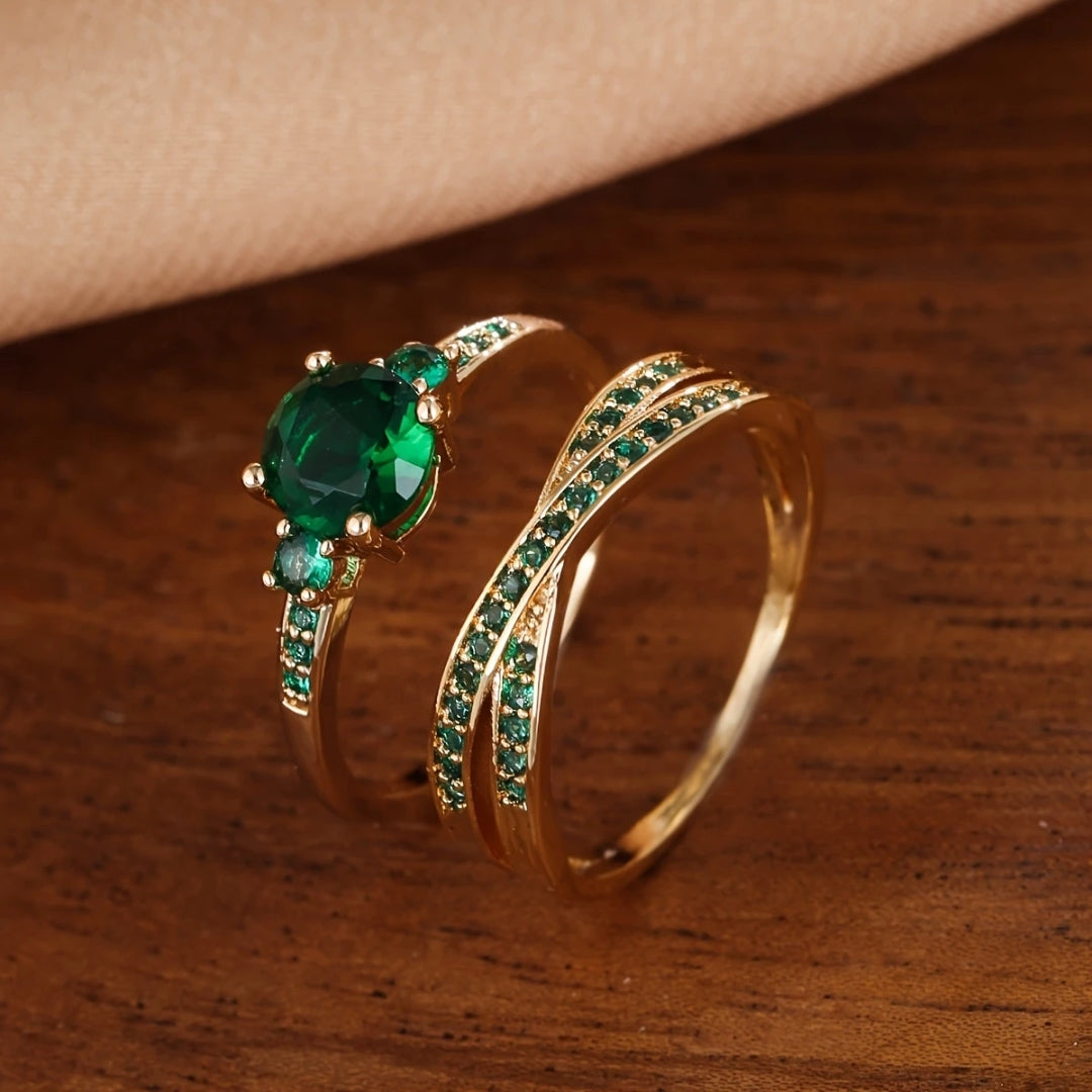 Ensemble de Bagues en Or avec Cristal Vert Incrusté