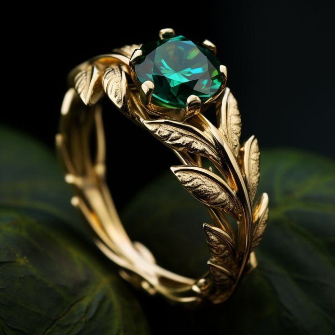 Bague en Cristal Vert avec Feuille d'Or
