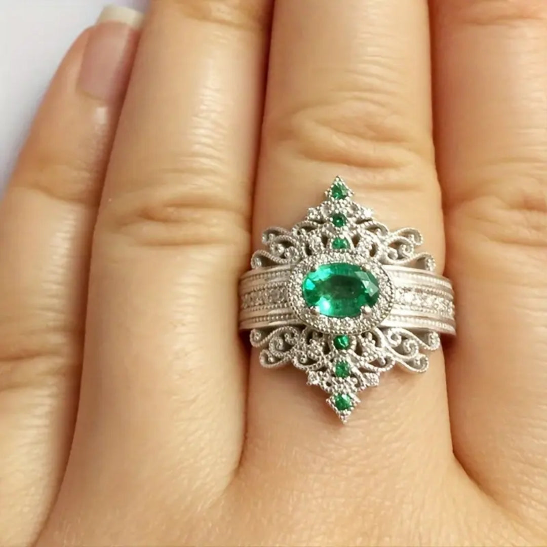 Bague en Zirconium Vert Mandala Argenté