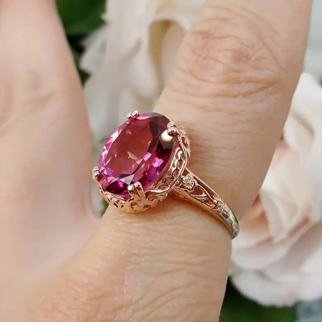 Bague en verre arrondi en grenat vintage avec dorure