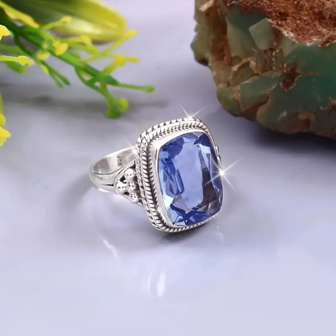 Bague en verre trempé bleu argenté
