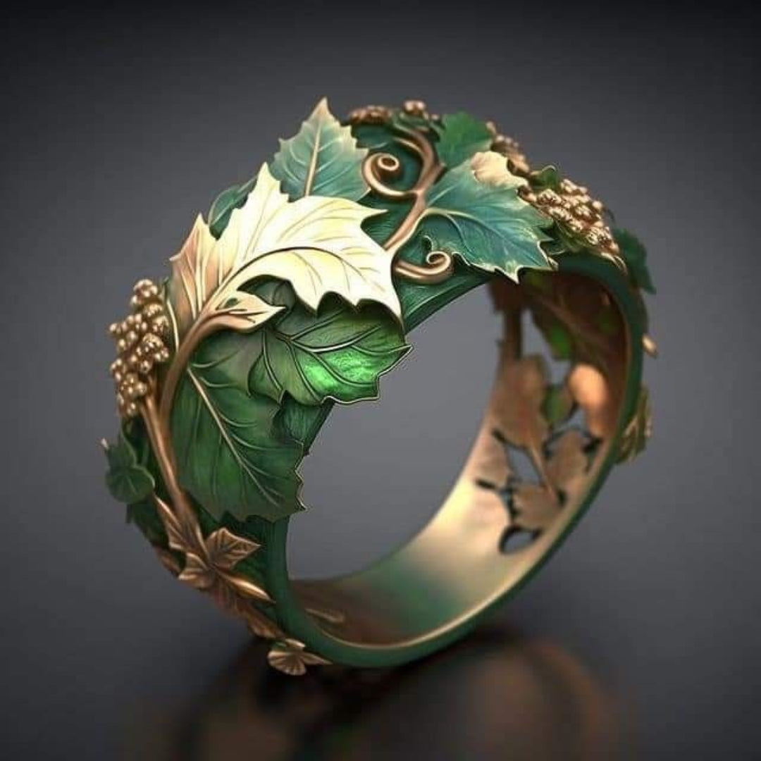 Bague Feuille Verte et Or Exotique