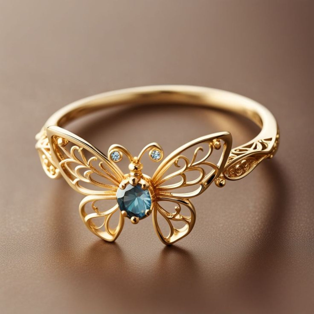 Bague Papillon en Cristal Incrusté d'Or et de Bleu Exotique