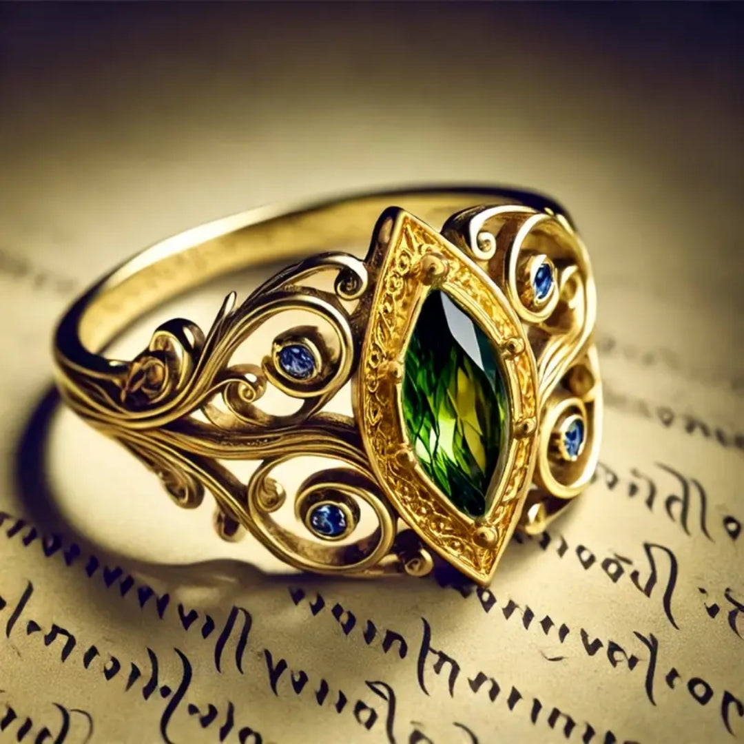 Bague en Or Ovale Verte et Bleue Exotique