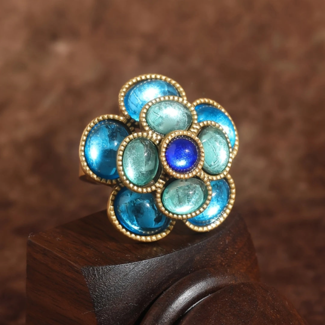 Bague en Émail Bleu Fleurie