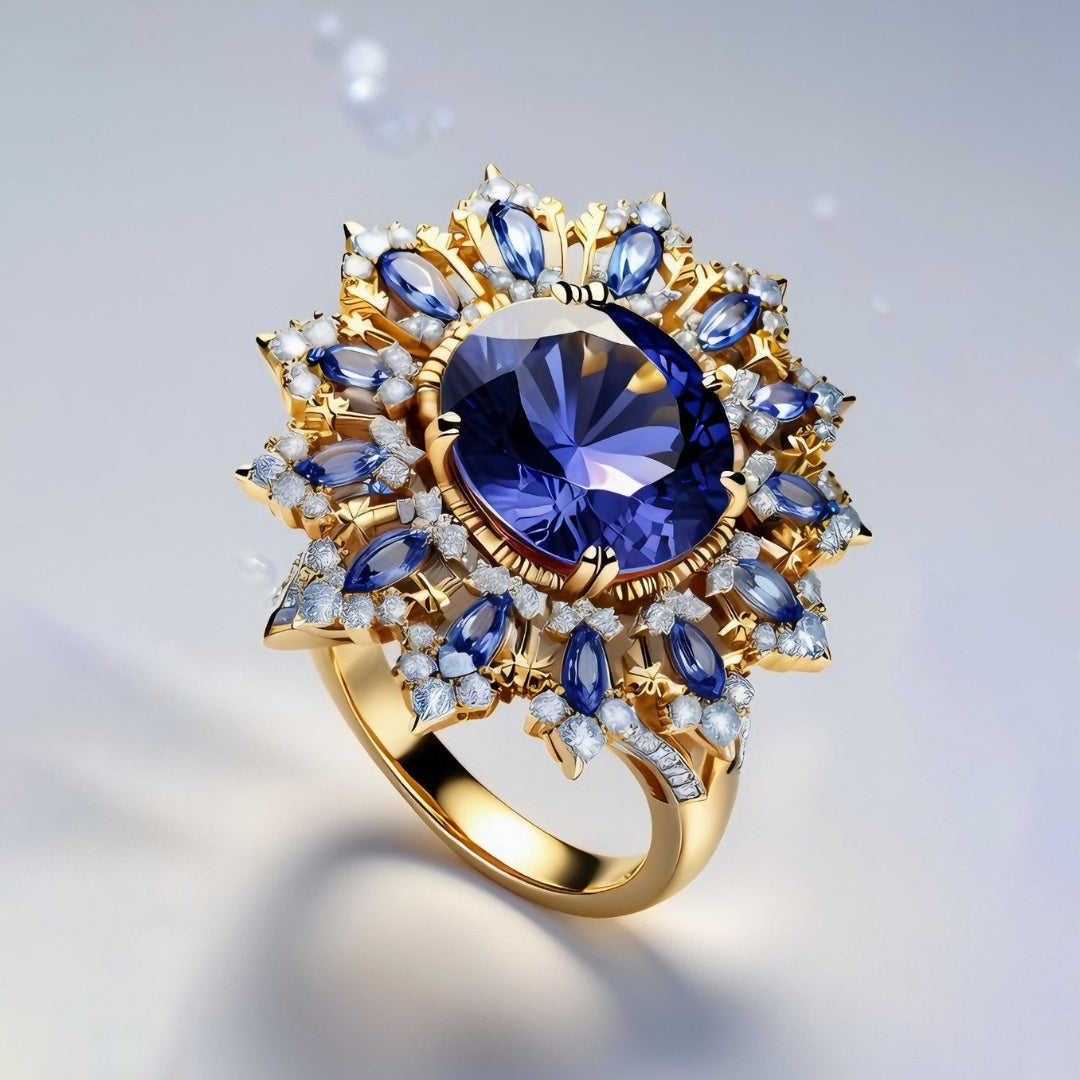 Bague en Or avec Fleur en Cristal Bleu Exotique