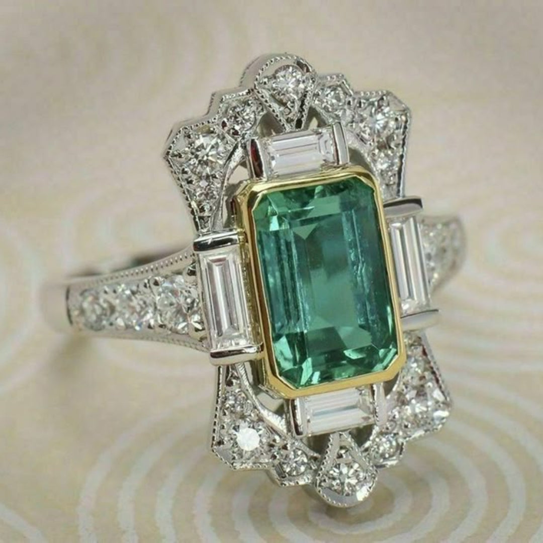 Bague en verre argentée verte et blanche