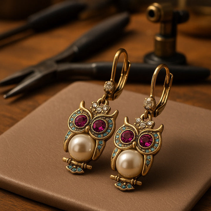 Boucles d'oreilles vintage en cristal de hibou – Cristaux sertis à la main, plaqué or et détail en perle