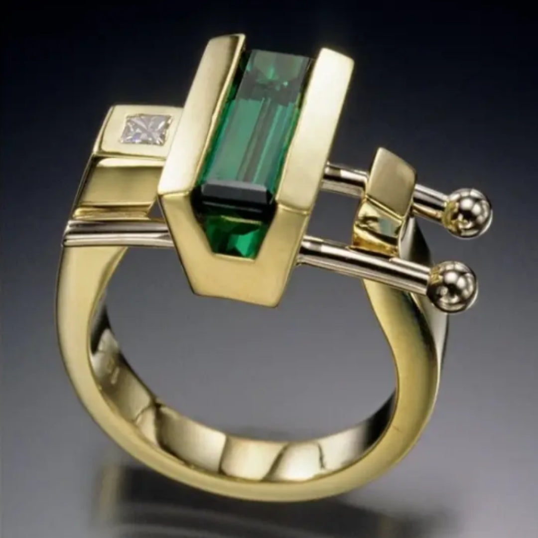 Bague en Or Irregulière avec Cristal Vert Incrusté