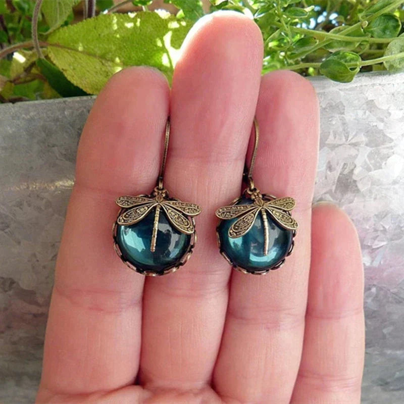 Boucles d'oreilles Sphériques Libellule en Or Antique