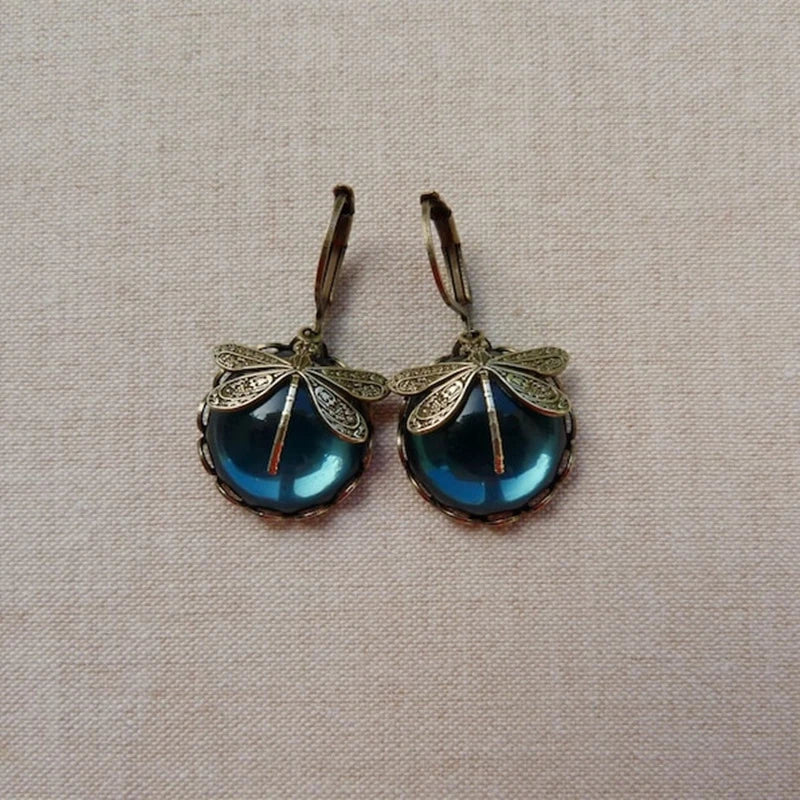 Boucles d'oreilles Sphériques Libellule en Or Antique