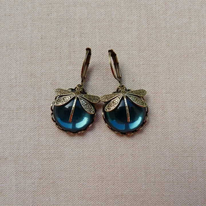 Boucles d'oreilles Sphériques Libellule en Or Antique