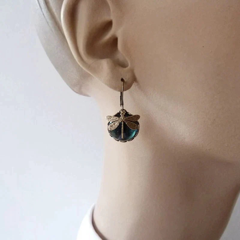 Boucles d'oreilles Sphériques Libellule en Or Antique