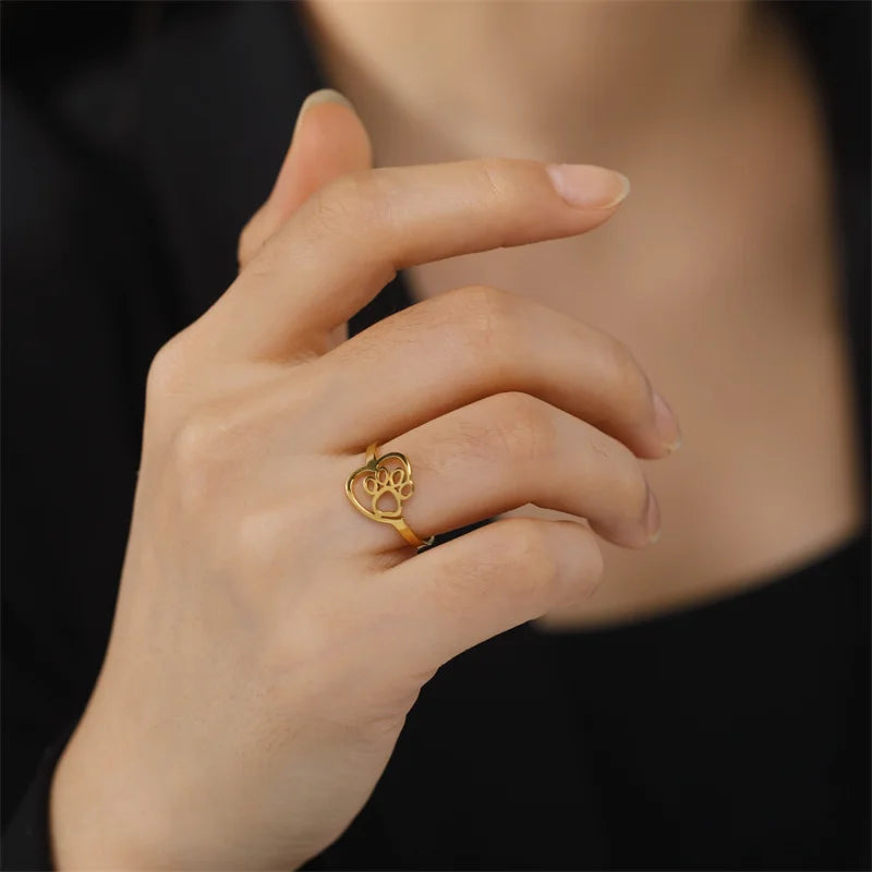 Bague en acier inoxydable dorée en forme de patte et de cœur – Bijoux pour les amoureux des animaux
