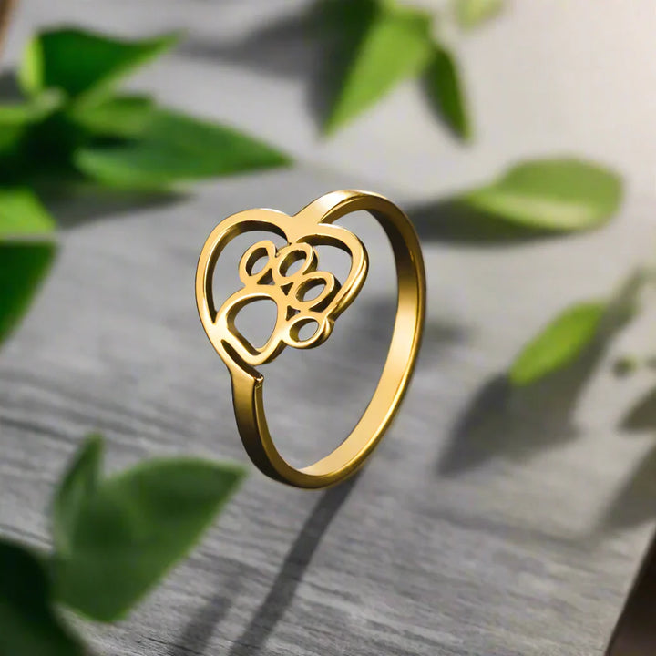 Bague en Acier Inoxydable avec Pattes et Cœur Doré – Bijoux pour Amoureux des Animaux