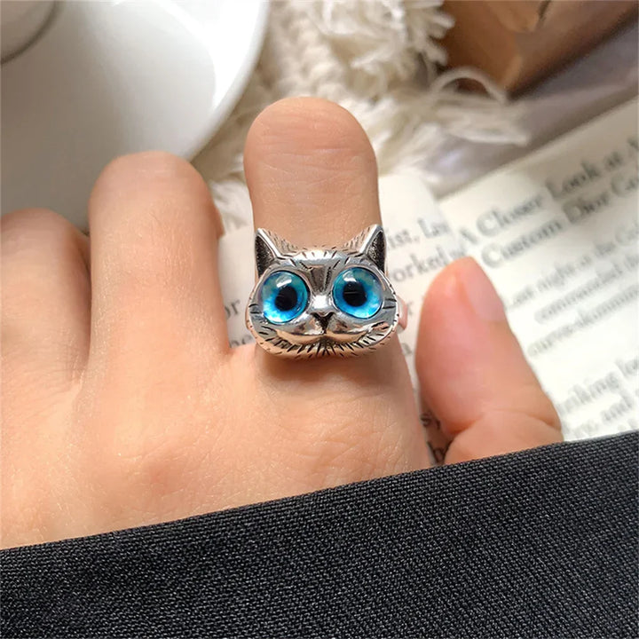 Bague Chat aux Yeux Bleus – Bague Animalière Vintage en Argent Joueur pour les Amoureux des Chats