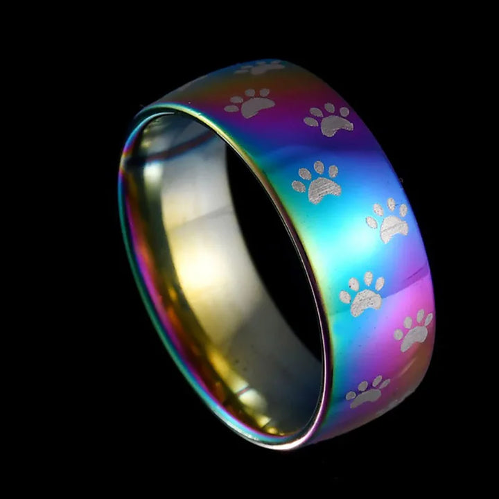 Bague en Acier Inoxydable avec Empreinte de Patte en Arc-en-Ciel Fait Main