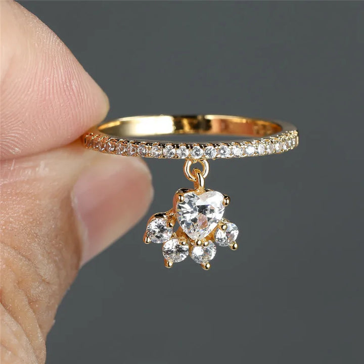 Bague Vintage Patte de Chat & Cœur en Pierre – Ton Or & Argent