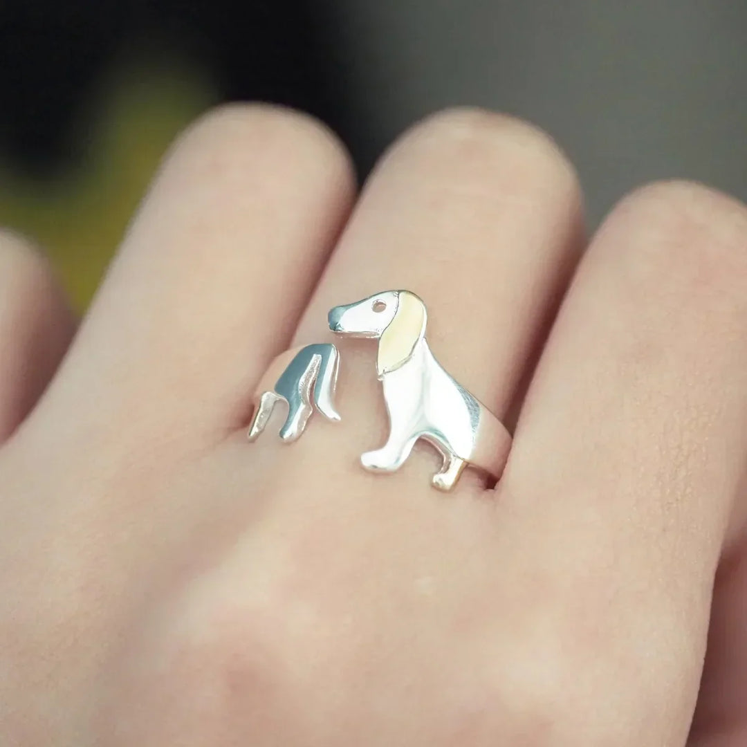 Bague en Argent Sterling 925 en Forme de Teckel – Ajustement Réglable