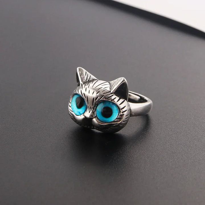 Bague Chat aux Yeux Bleus – Bague Animalière Vintage en Argent Joueur pour les Amoureux des Chats