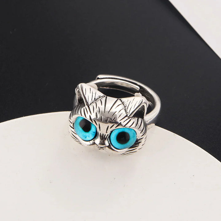 Bague Chat aux Yeux Bleus – Bague Animalière Vintage en Argent Joueur pour les Amoureux des Chats