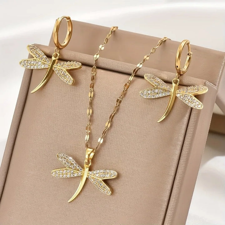 Collier en Bijoux de Libellule Dorée avec Boucles d'Oreilles Bonus