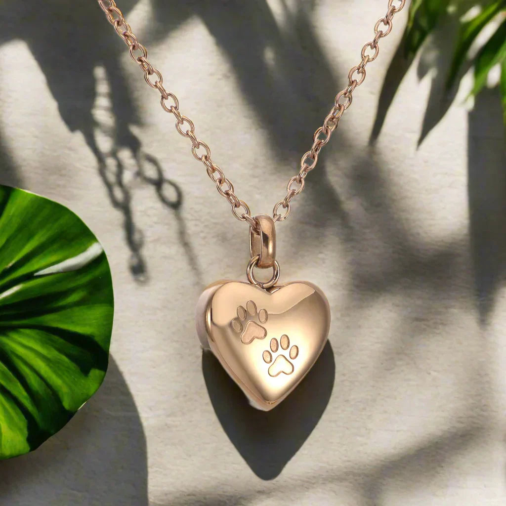 Collier Urne Mémorial pour Animaux - Pendentif en Forme de Cœur avec Gravure de Patte