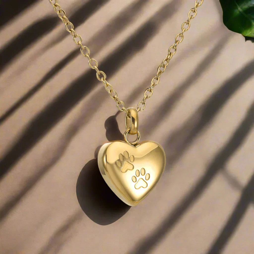 Collier Urne Mémorial pour Animaux - Pendentif en Forme de Cœur avec Gravure de Patte