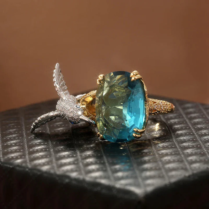 Bague Colibri de Couleur Aquamarine Ajustable – Plaqué Or 14K