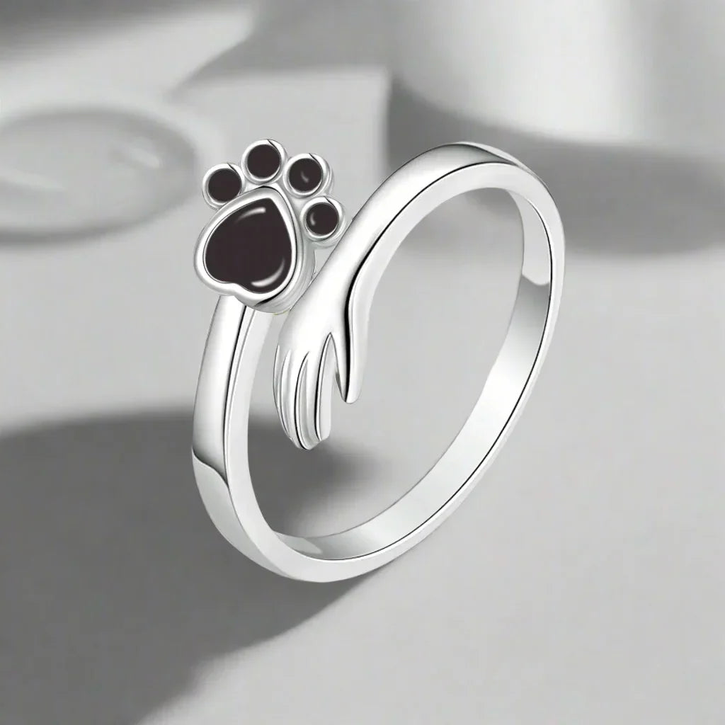 Bague Ajustable en Argent Sterling 925 – Design d'Empreinte de Main et de Patte