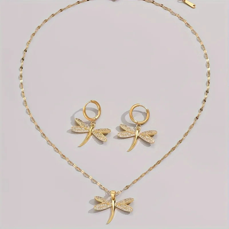 Collier en bijou Libellule en Or avec Boucles d'Oreilles Bonus