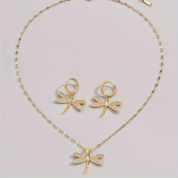 Collier en bijou Libellule en Or avec Boucles d'Oreilles Bonus