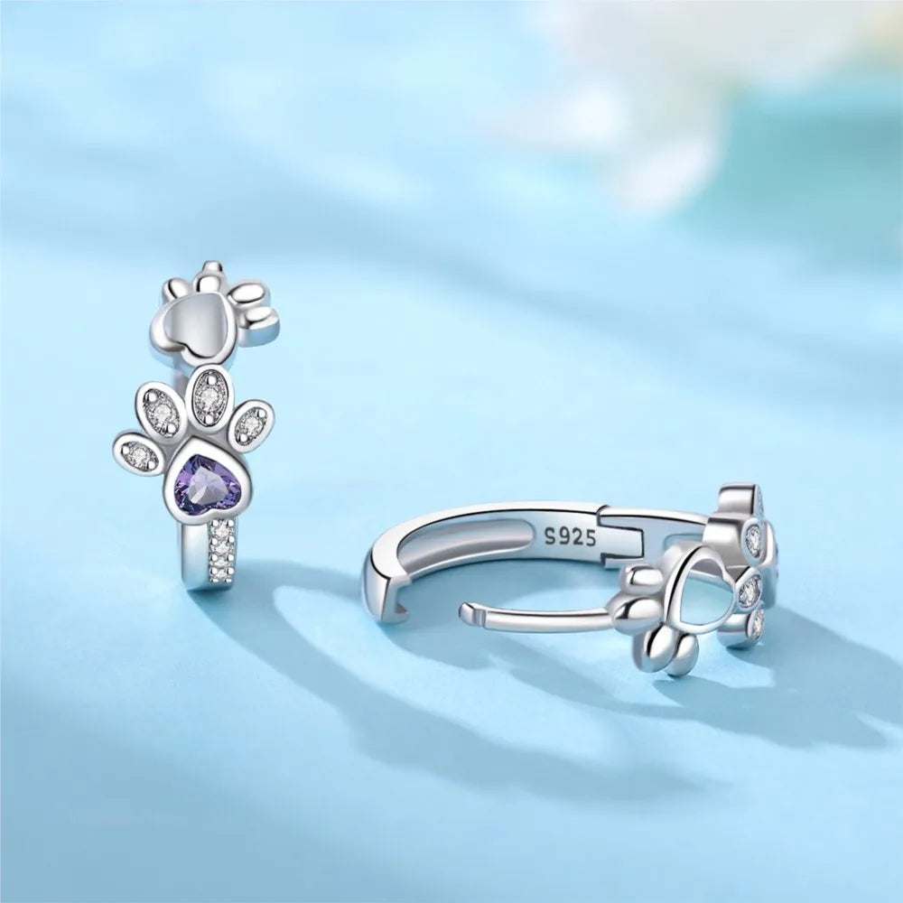 Boucles d'oreilles Paw Huggie en argent sterling 925 – Avec zircon et gemme en forme de cœur