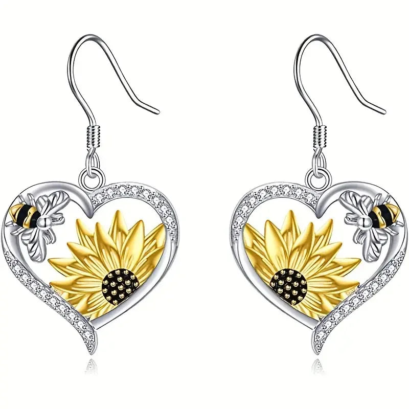 Boucles d'oreilles pendantes vintage bohème en forme de cœur avec tournesol et abeille