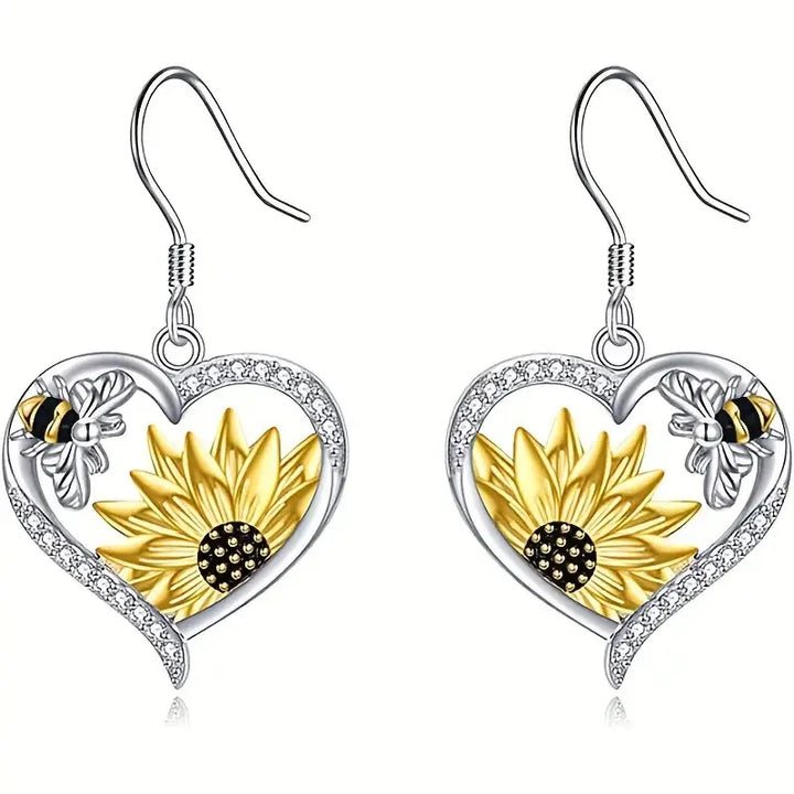 Boucles d'oreilles pendantes vintage bohème en forme de cœur avec tournesol et abeille