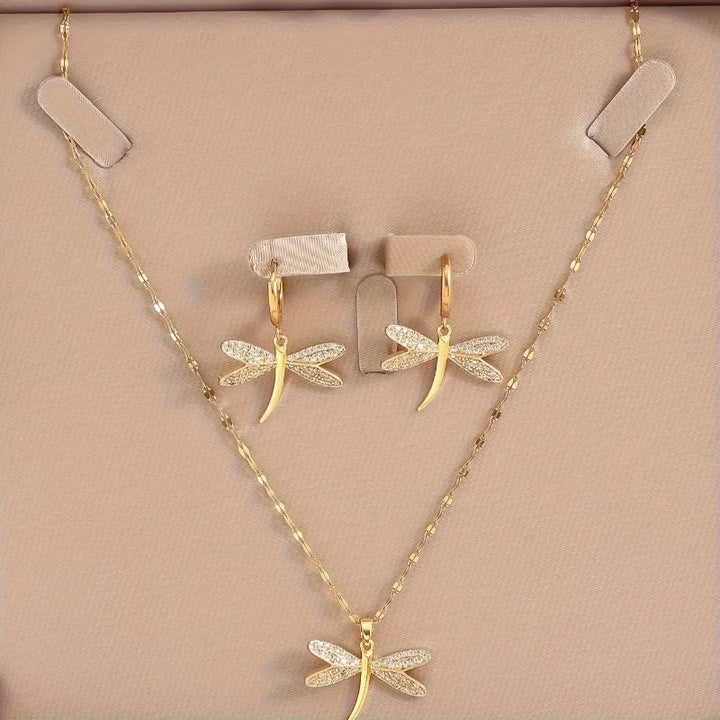 Collier en Bijoux Libellule Dorée avec Boucles d'Oreilles Bonus