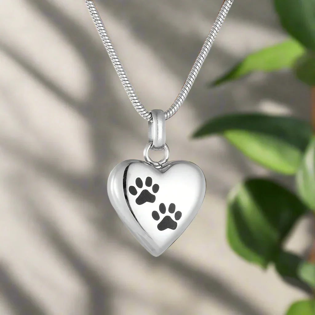 Collier Urne Mémorial pour Animaux - Pendentif en Forme de Cœur avec Gravure de Patte