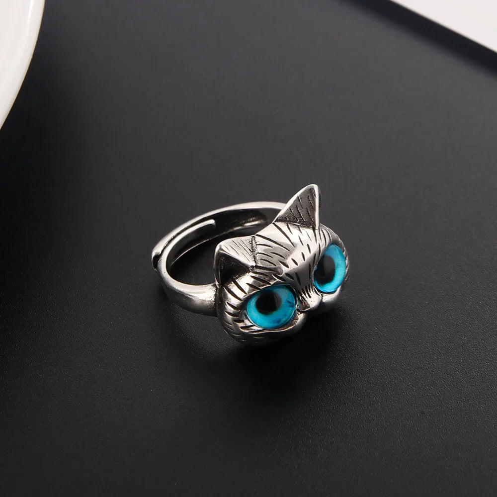 Bague Chat aux Yeux Bleus – Bague Animalière Vintage en Argent Joueur pour les Amoureux des Chats