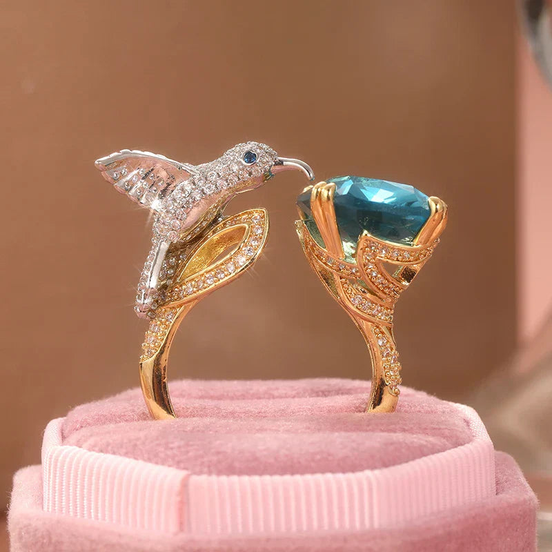 Bague Colibri de Couleur Aquamarine Réglable – Plaqué Or 14K