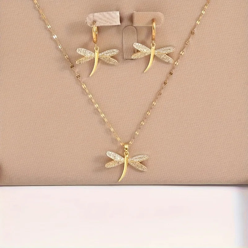 Collier de Bijoux Libellule Dorée avec Boucles d'Oreilles Bonus