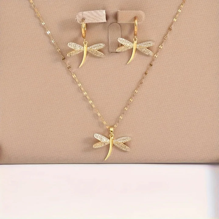 Collier de Bijoux Libellule Dorée avec Boucles d'Oreilles Bonus