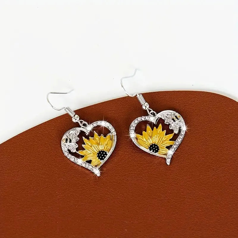 Boucles d'oreilles pendantes vintage bohème en forme de cœur avec tournesol et abeille