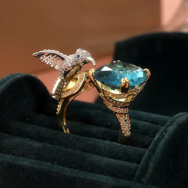 Bague Colibri Couleur Aigue-Marine Réglable – Plaqué Or 14K