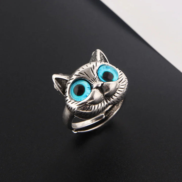Bague Chat aux Yeux Bleus – Bague Animalière Vintage en Argent Joueur pour les Amoureux des Chats