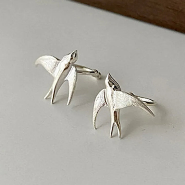 Belles Boucles d'Oreilles Clip-On en Argent en Forme d'Hirondelle