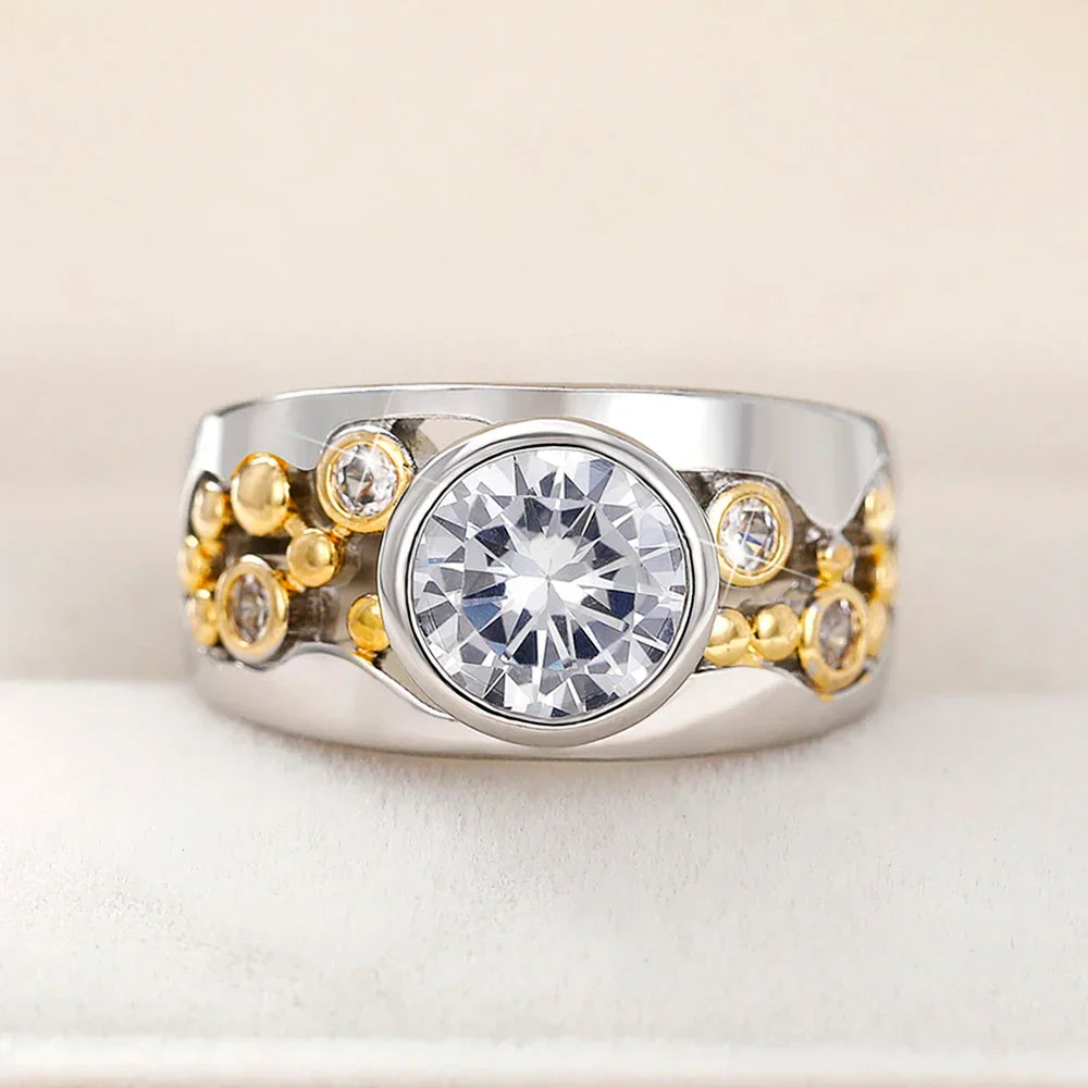 Bague Vintage en Zirconium Incrusté Or & Argent