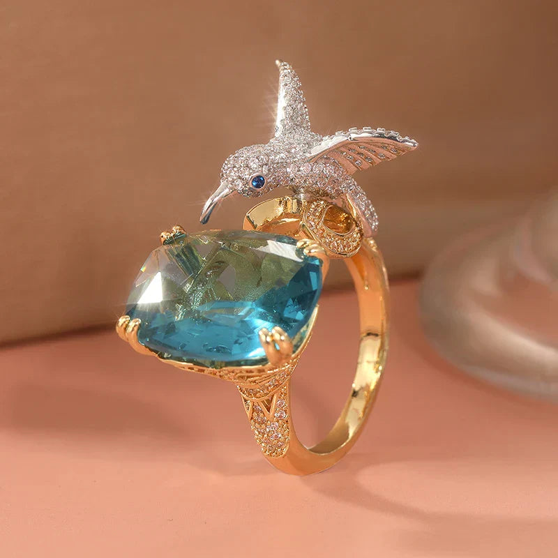Bague Colibri de Couleur Aquamarine Ajustable – Plaqué Or 14K
