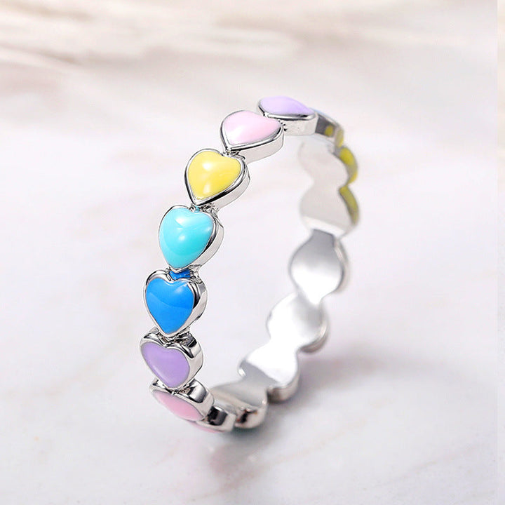 Bague Cœurs Arc-en-Ciel en Argent Sterling 925 et Émail Peint à la Main