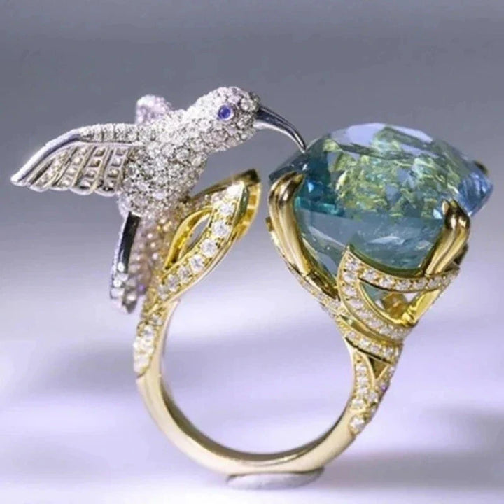 Bague Colibri Couleur Aigue-Marine Réglable – Plaqué Or 14K