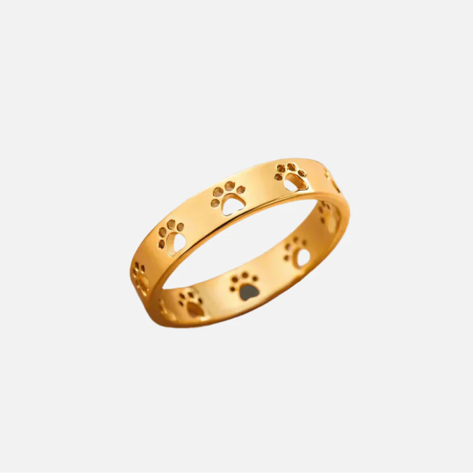 Bague en Acier Inoxydable avec Empreinte de Patte en Or